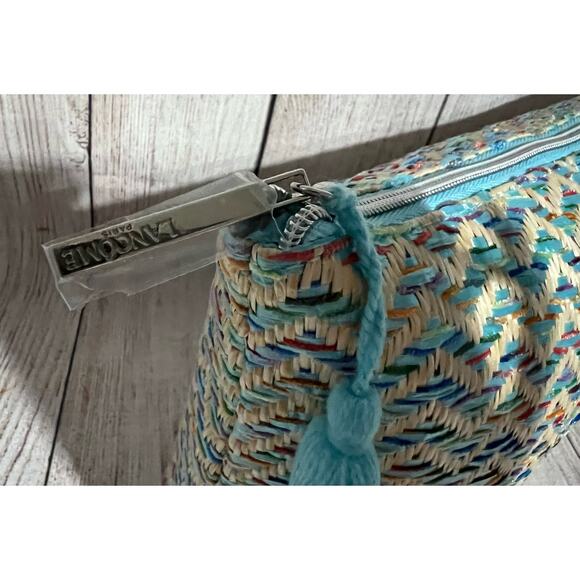 Lancome Paris Makeup Blue Beige Woven Straw Large Straw Cosmetic Bag Zipper - Picture 5 of 10